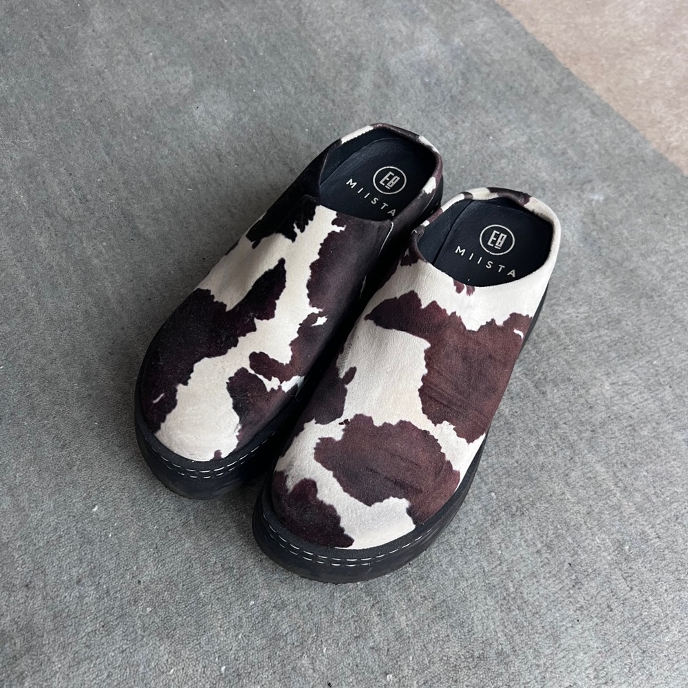 Miista Kristi Mules Cow Print Faux Suede - US8.5/EU39
